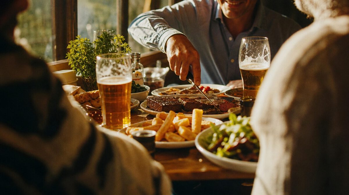 A steak being carved at a pub table, pints and chips alongside