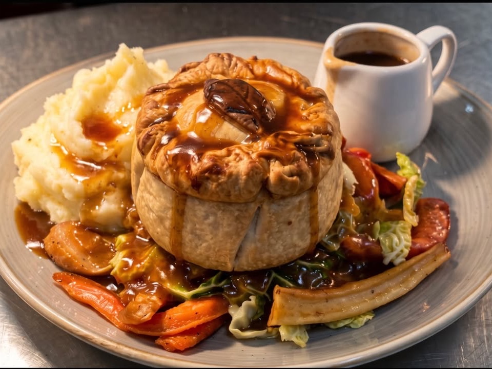 A homemade pie with mash, vegetables and a jug of gravy